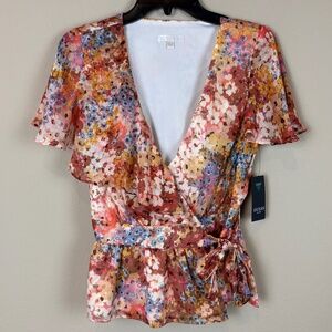 Guess Ferra Daisies Floral Print Short Sleeve Wrap Top w/ Material Belt Tie NWT